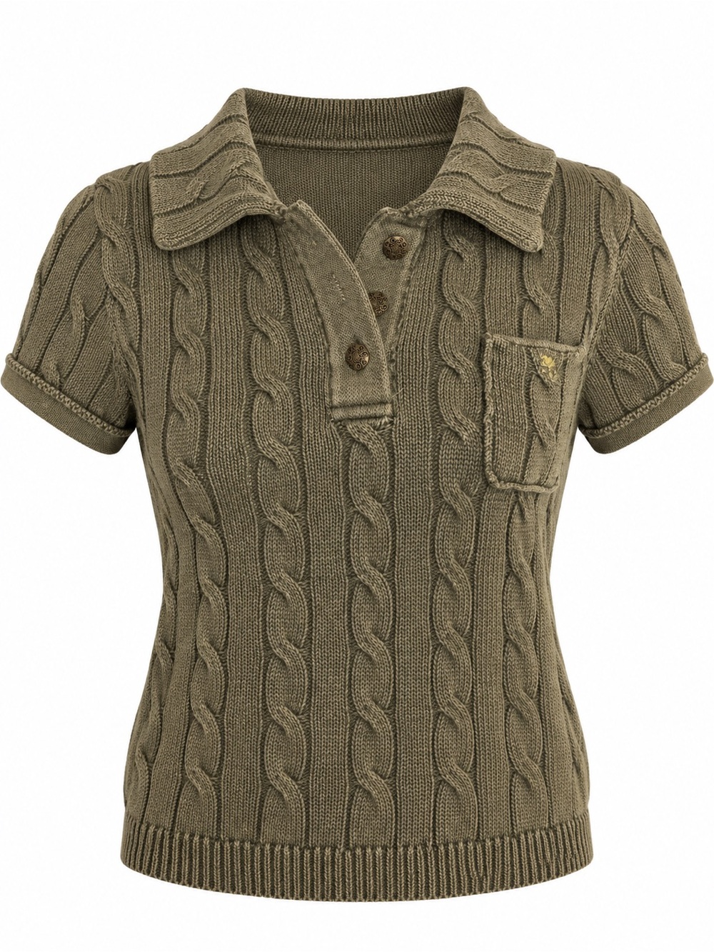Free People XS Olive Green Cable Knit Short Sleeve Polo Sweater